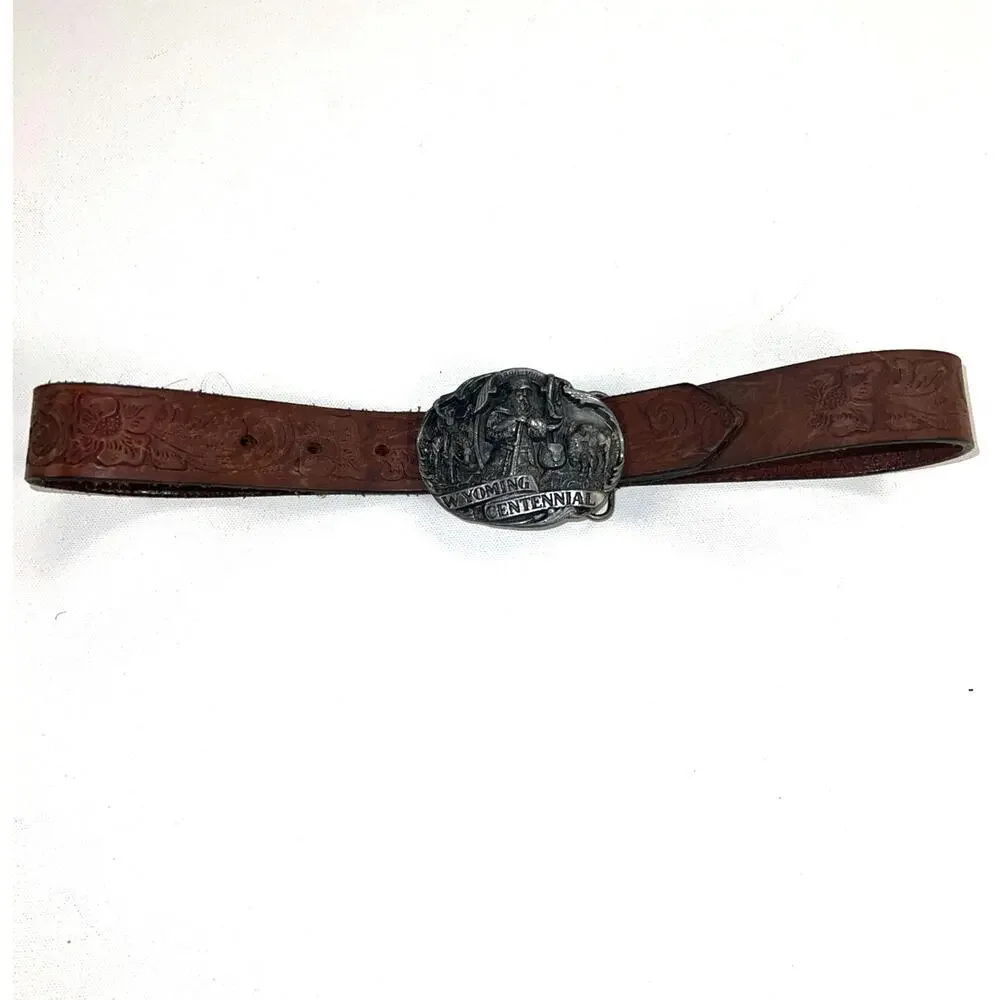 Wyoming Centennial 1990 Pewter Siskiyou Belt Buckle & Cowhide Leather Belt